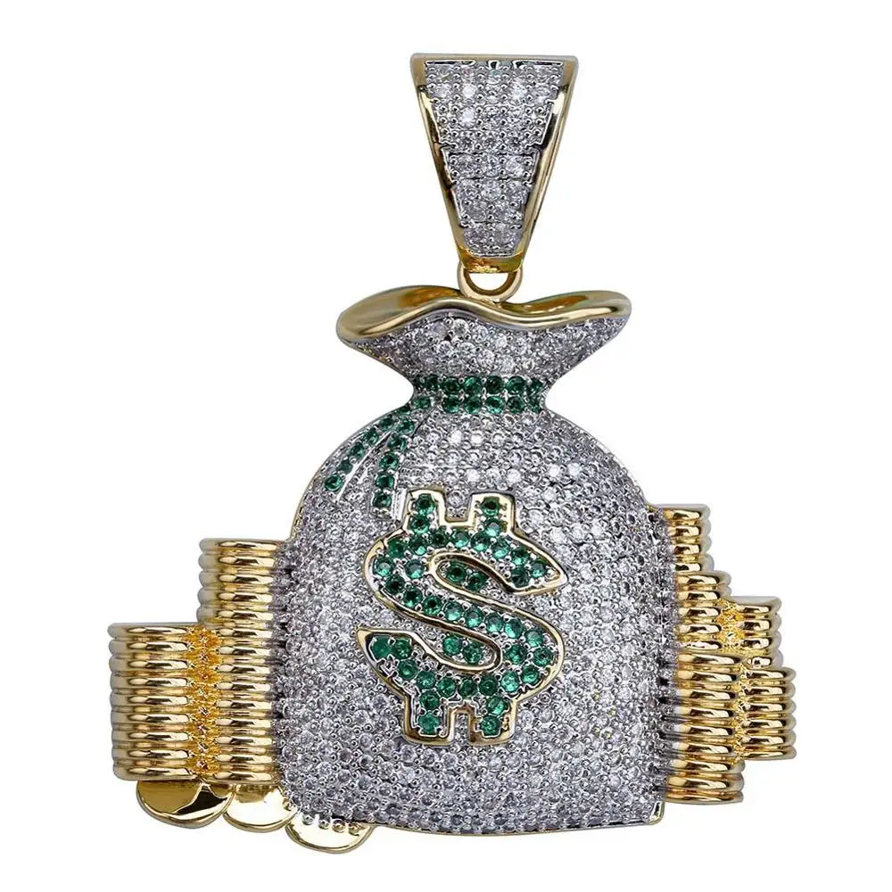 Мужской Шарм богатый Американский мешок для денег стек Iced Out наличные монеты Золотой Цвет кубический циркониевый хип хоп Ювелирные изделия Подарки Подвески Ожерелья