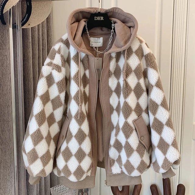 Faux Fur Coat Women Autumn Winter Warm Cotton-padded Jacket Hood Zipper  Argyle Fuzzy Woolen Jackets