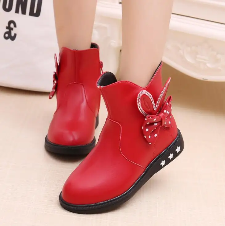 Gilrs Boots Winter Ankle Zip Cute Bow Snow Boots For Girls Princess Pu Leather Warm Kids Boots Size 27-37
