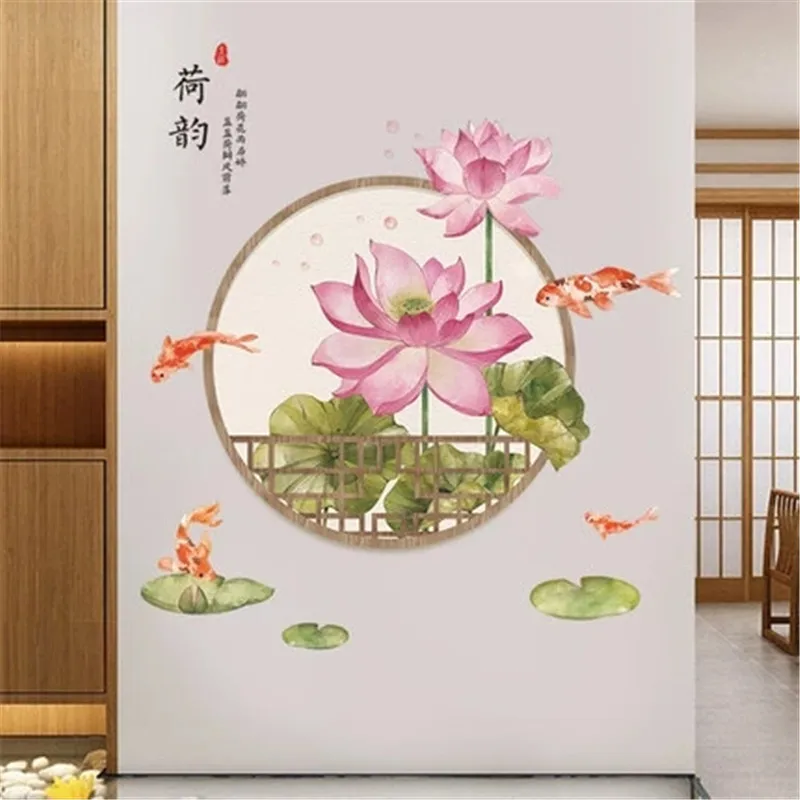 

Chinese Style Lotus Wallpaper, Living Room Wall Decoration, Bedroom Background Wall Stickers, Creative Sofa Wall Painting Mural