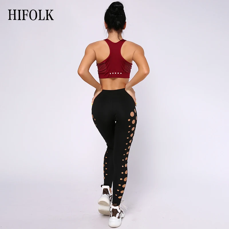 HIFOLK, женские модные сексуальные леггинсы, черные, с дырками, леггинсы для фитнеса, тонкие, пуш-ап, леггинсы, штаны для тренировок, длинные эластичные штаны