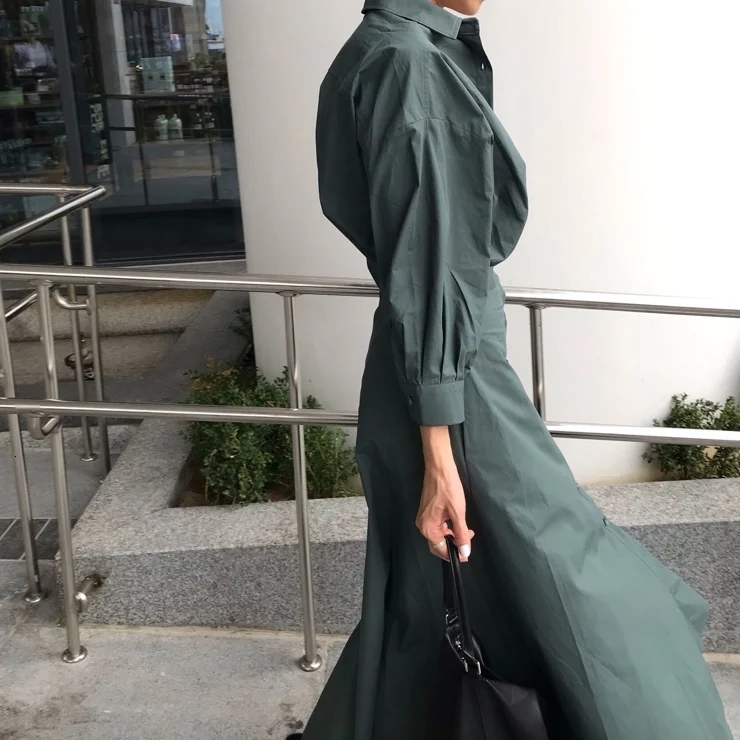 SHENGPALAE/ Новое весеннее зеленое платье с отложным воротником, индивидуальный дизайн, Vestidos, длинный рукав, тонкая талия, корейская мода, платье FT545