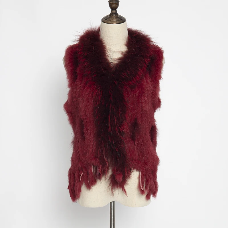 

Real fur coat women natural rabbit fur knitted vest with raccoon fur collar overcoat plus size 2019 new fashion womens tops
