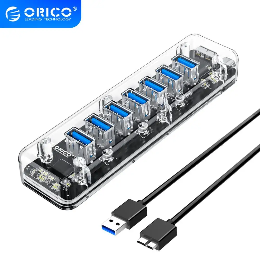 

ORICO Transparent Series USB HUB 7 4 Port USB 3.0 Splitter with Dual Micro USB Power Interface Support OTG For Mac/Windows/Linux