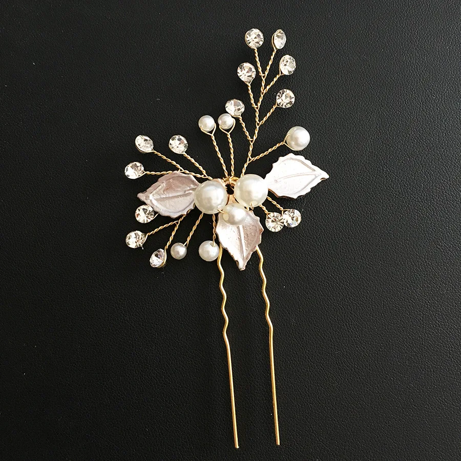 Hot Sales Alloy White Leaves Handmade Pearl Diamond Set Hairpin Pin Bride Headdress