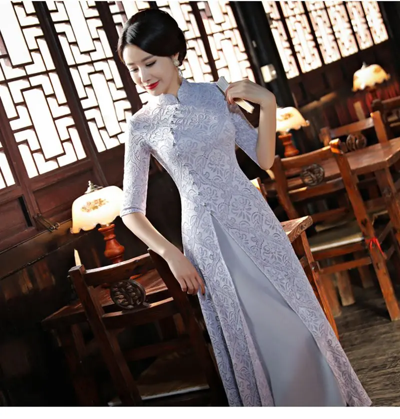 Китайский стиль, улучшенное чонсам, длинное платье с короткими рукавами, темпераментное кружевное платье с цветочным узором, Чонсам с принтом