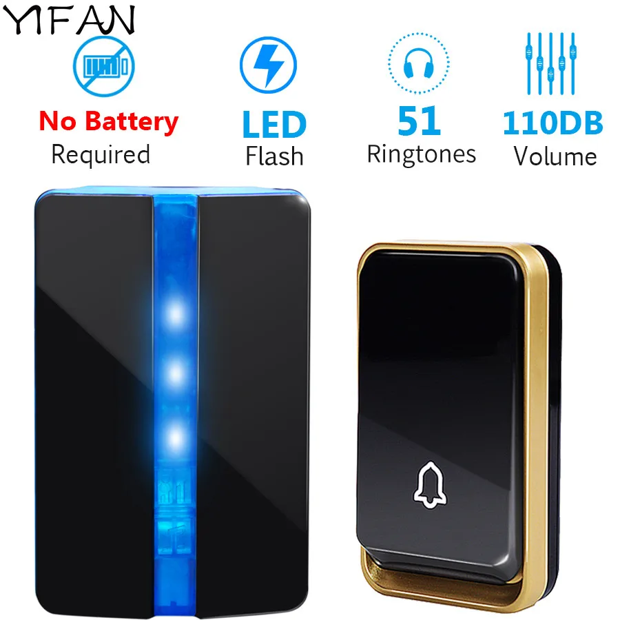 Online YIFAN self powered Drahtlose Türklingel KEINE batterie EU US AU Stecker HOME Tür Glocke Wasserdichte abdeckung 150M palette 1 taste 1 empfänger