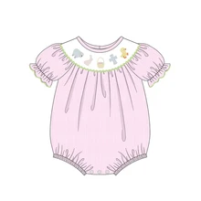 

Summer Girls Clothes Pink Vertical Striped Short Sleeve Easter Duck And Bunny Embroidery Pattern Toddler Baby Rompers
