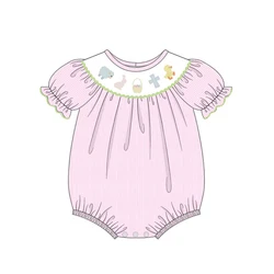Vêtements d'été pour filles, barboteuse rose à rayures verticales à manches courtes, motif brodé de canard et lapin de pâques pour bébés 