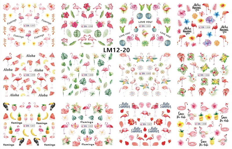 LM12-20 12 Designs Watermark Nail Art Decoration Water Decals Flower Flamingo Bird Rose Sticker Manicure Sliders Adhesive Tip BN913-924 - Color: LM12-20