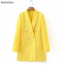 KoHuiJoo Женский Длинный блейзер желтый длинный рукав двубортный однотонный Повседневный пиджак в деловом стиле пальто Женская куртка