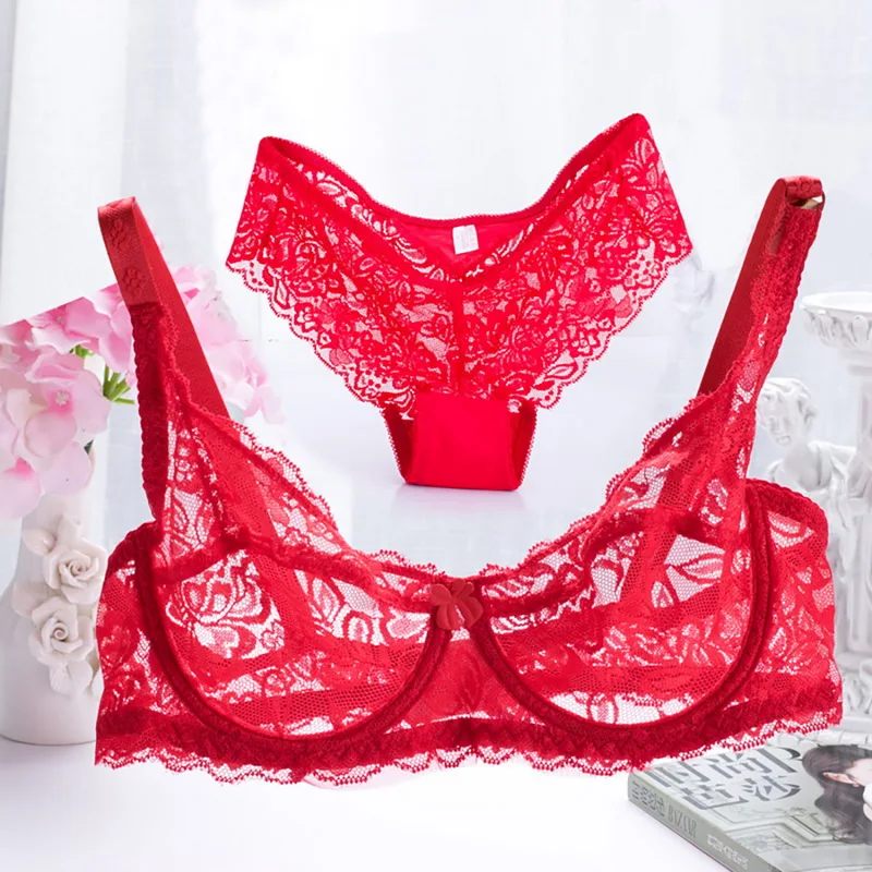 underwear set Lace Transparent Sexy Bra Set for Women Unlined Underwire Plus Size Lingerie Ladies Push Up Underwear Panties Intimates Bras black lace underwear set