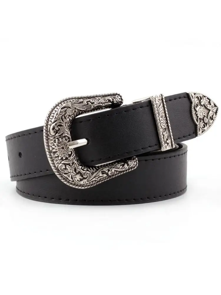 Leather Belt Women Metal Heart Buckle Waist Belt Vintage Carved Ladies Belts Waistband Western Design Fashion Waist Belt