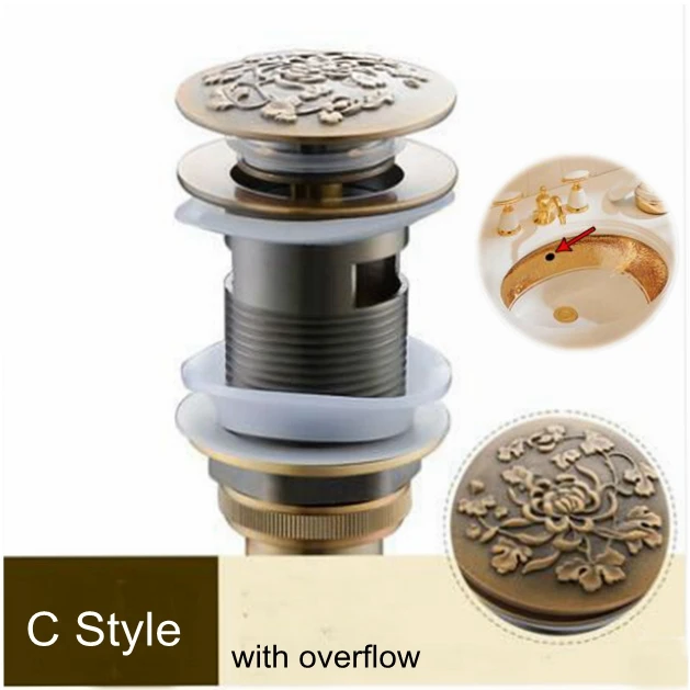 C-with overflow Vidric Ванная комната туалет кран для раковины, кран для раковины, Pop Up Слива с круглыми резная Крышка Корпус из латуни с и без переполнения раковиной отходов Draine - Цвет: C-with overflow