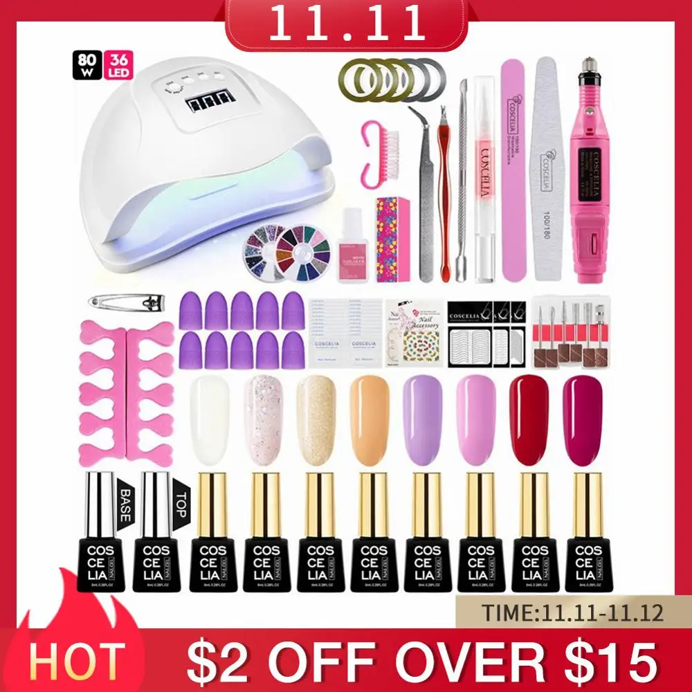 

COSCELIA New Nail Set With 80W UV LED Lamp Dryer Acrylic Manicure Tools Set Base Top Coat Extend Nail Kits Electric Nail Drill