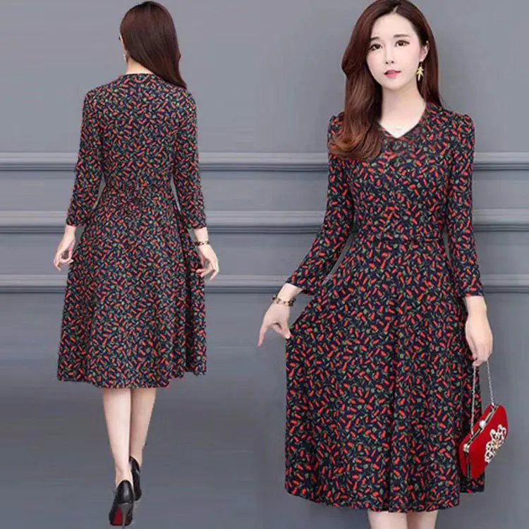 

Hot Selling Autumn Large Size WOMEN'S Dress Long Sleeve Belly Covering Slimming Floral-Print Dress