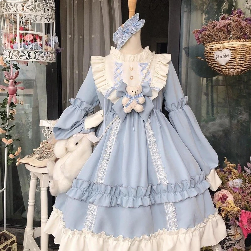 Japanese Gothic Lolita Dress Women Kawaii Bow Bear Lace Blue Dress Long Sleeve Princess Dress Halloween Costume Gift For Girls christmas dress