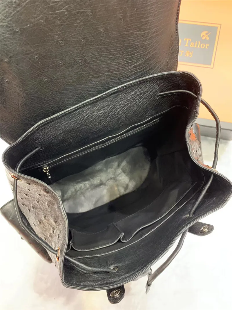 Authentic Real True Ostrich Skin Men Large Casual Black Drawstring Backpack Genuine Exotic Leather Male Leisure Travel Bag Pack 6