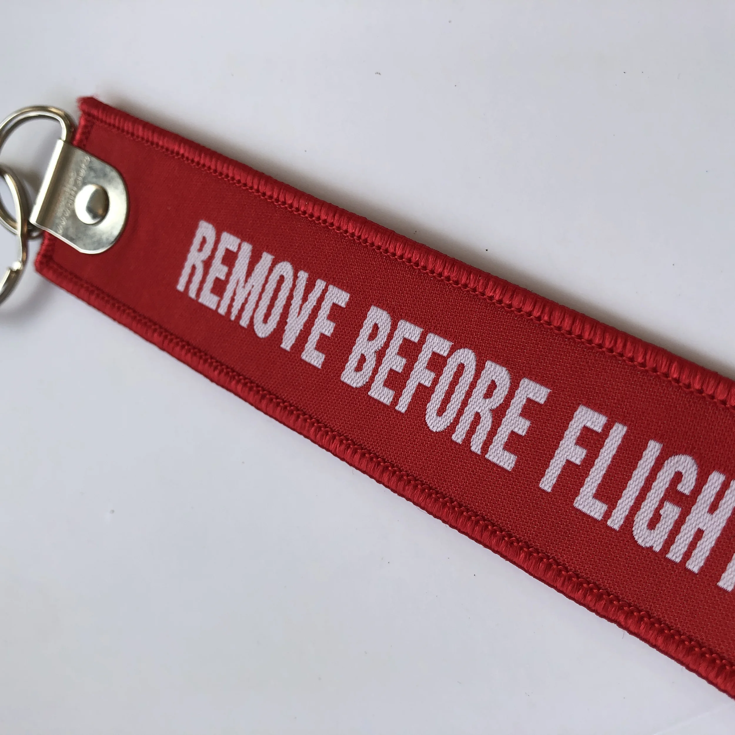 Remove before flight woven key chain 13X2.8CM with metal key ring custom key tag as Customized design free shipping