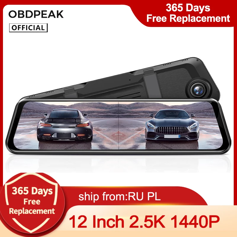 

12 Inch Dash Cam 2.5K 1440P Stream Media Car Dvr RearView Mirror Night Vision Video Recorder Auto Registrar 1080P Rear Camera