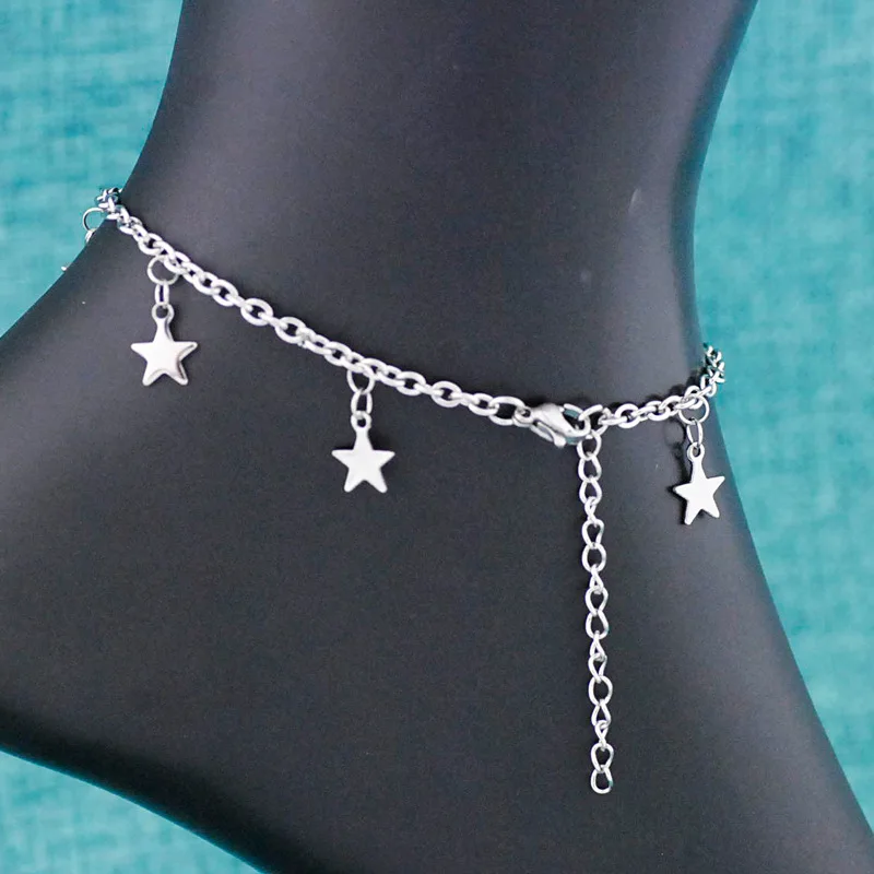 Silver Anklet Bracelet Ankle Chains Allergy Free Stainless Steel Ankle Bracelet Women Pentacle Love Heart Charm Bracelet Leg Girls Foot Chains Anklet Jewelry