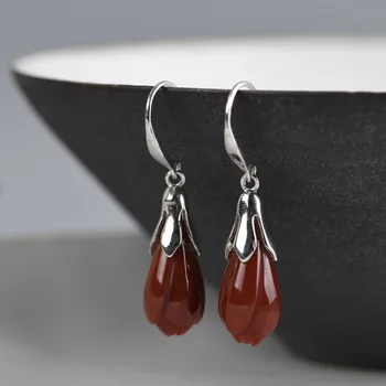 

FNJ Red Agate Earrings 925 Silver Original Pure S925 Sterling Silver Flower Drop Earring for Women Jewelry Magnolia denudata