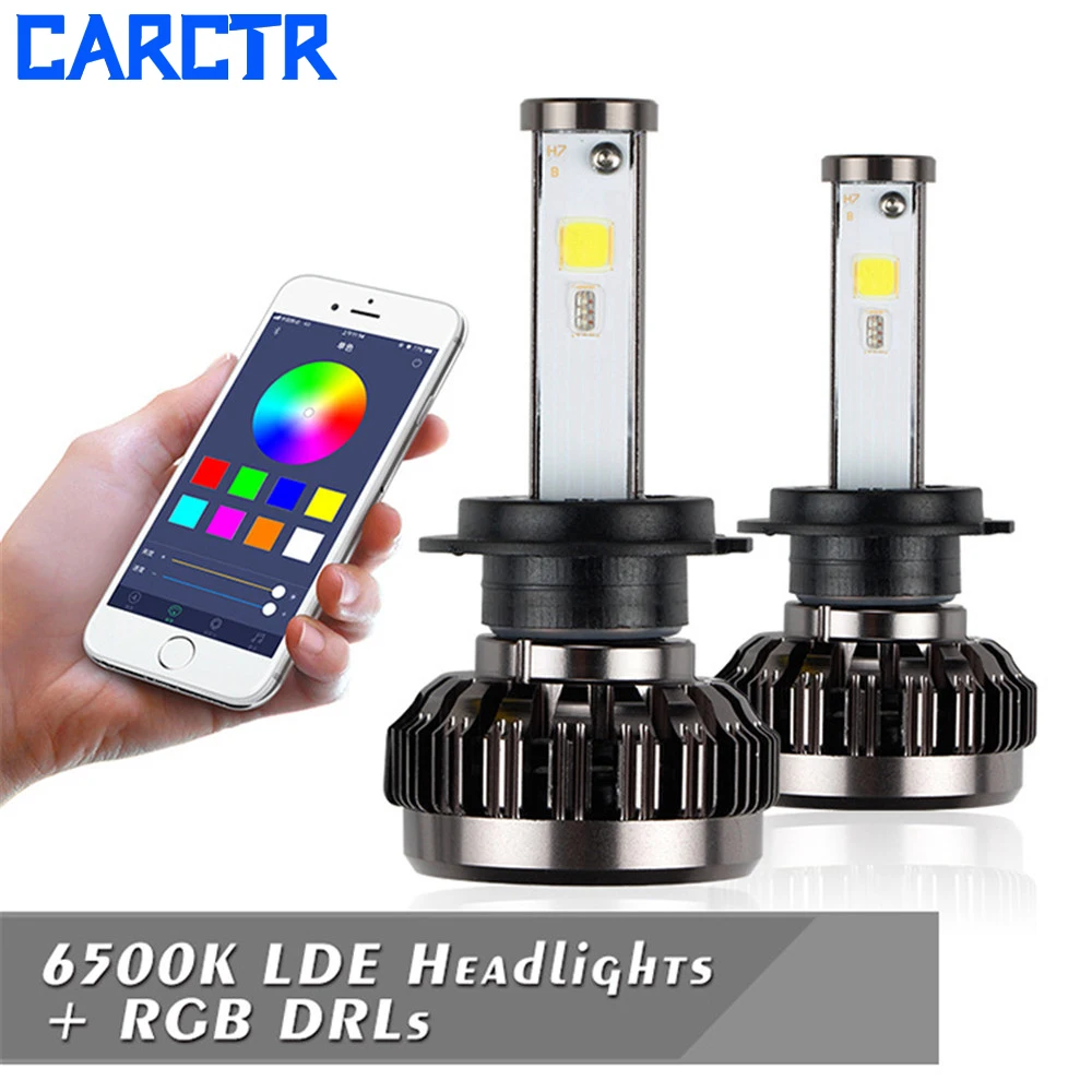 CARCTR 1 Pair H4 LED H7 Car Headlight Lights H7 RGB Colorful APP Control H1 H3  H11 9005 9006 9007 9012 9004 880 881 LED Bulbs