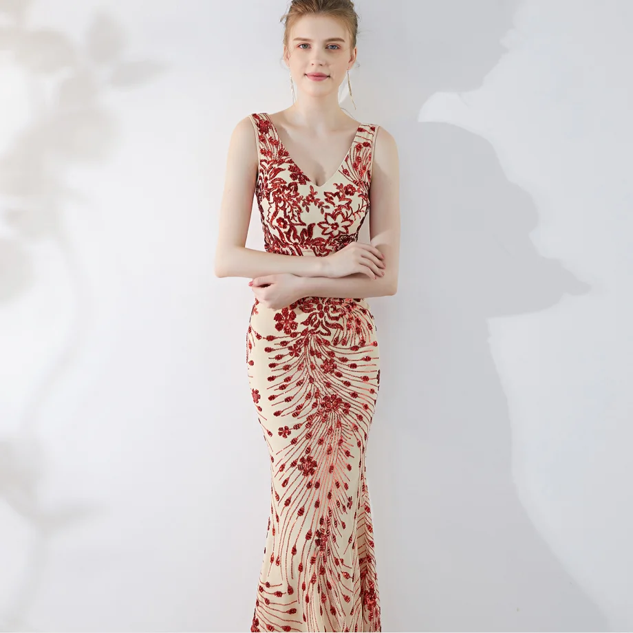 

2024 Sequined Party Long Dresses V-Neck Zipper Back Mermaid Party Gowns Royal Backless Floor-Length Prom Clothing Women