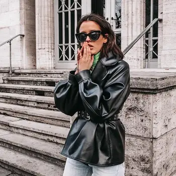 

Pu Faux Leather Black Gothic Trench Coat Women Fall Winter Punk Motorcycle Jacket Bandage Belt Ladies Outwear