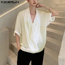 

Korean Style Half Sleeve V Neck Loose Blouse INCERUN Men Leisure Solid Color Shirts Man Casual Breathable Chemise Masculina 5XL