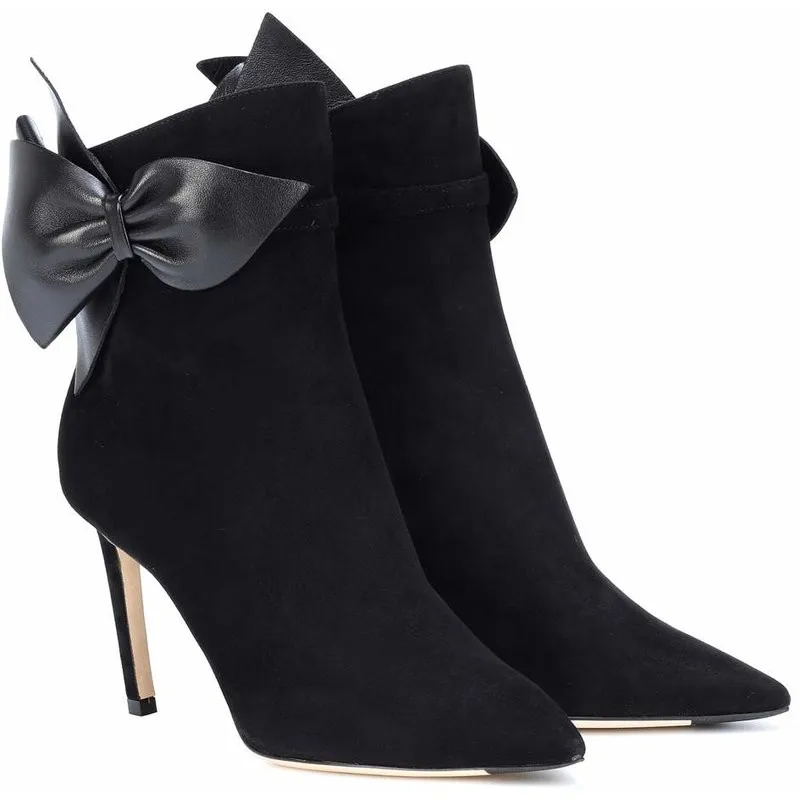 Черные замшевые ботильоны; женская обувь с бантом-бабочкой; Zapatos De Mujer; обувь на тонком каблуке с острым носком; женские модные элегантные ботинки; botas mujer
