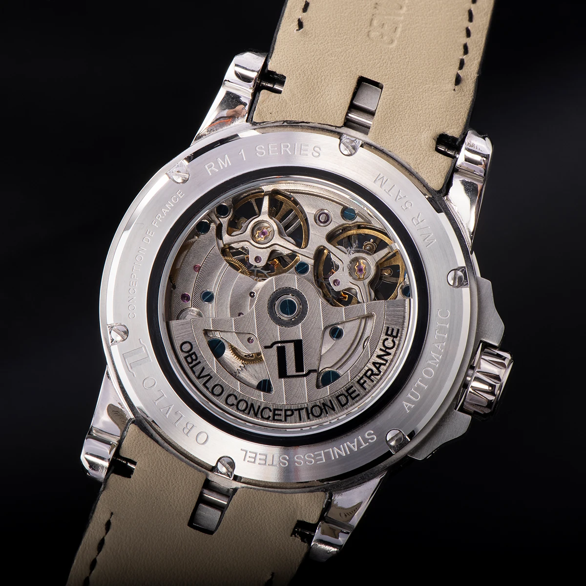 Oblvlo-メンズ自動巻き時計,高級腕時計,ピンクゴールド,スケルトン