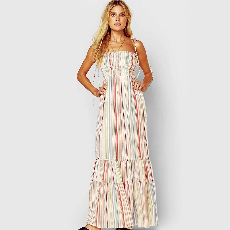

Female Elegant Cozy Bohemian Dress Flower Printing Tube Top Sleeveless Strap Elastic Waist Backless Sexy Beach Women Dresses