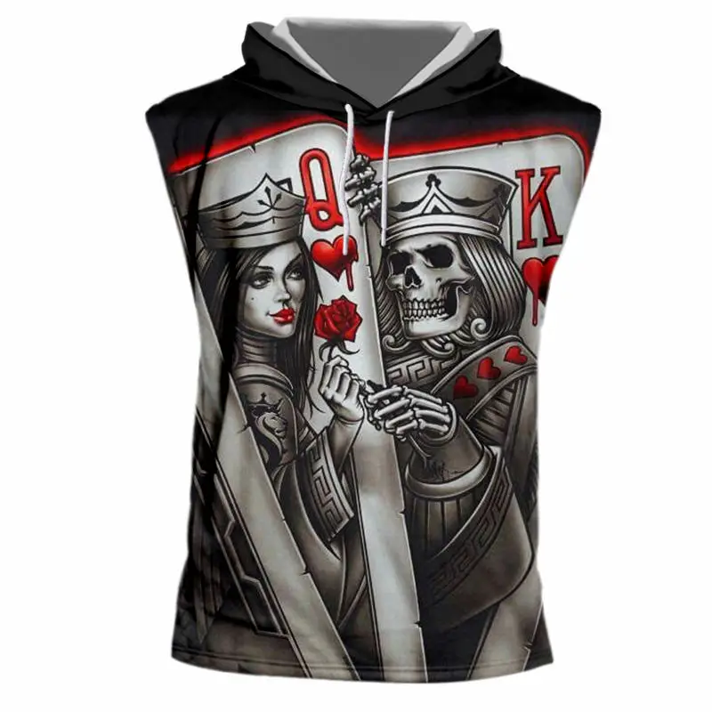 Poker skull, унисекс, толстовка с капюшоном, майка, 3D принт, роза, мужские топы с капюшоном, мужская безрукавка для фитнеса, футболка, крутой хип-хоп жилет с капюшоном