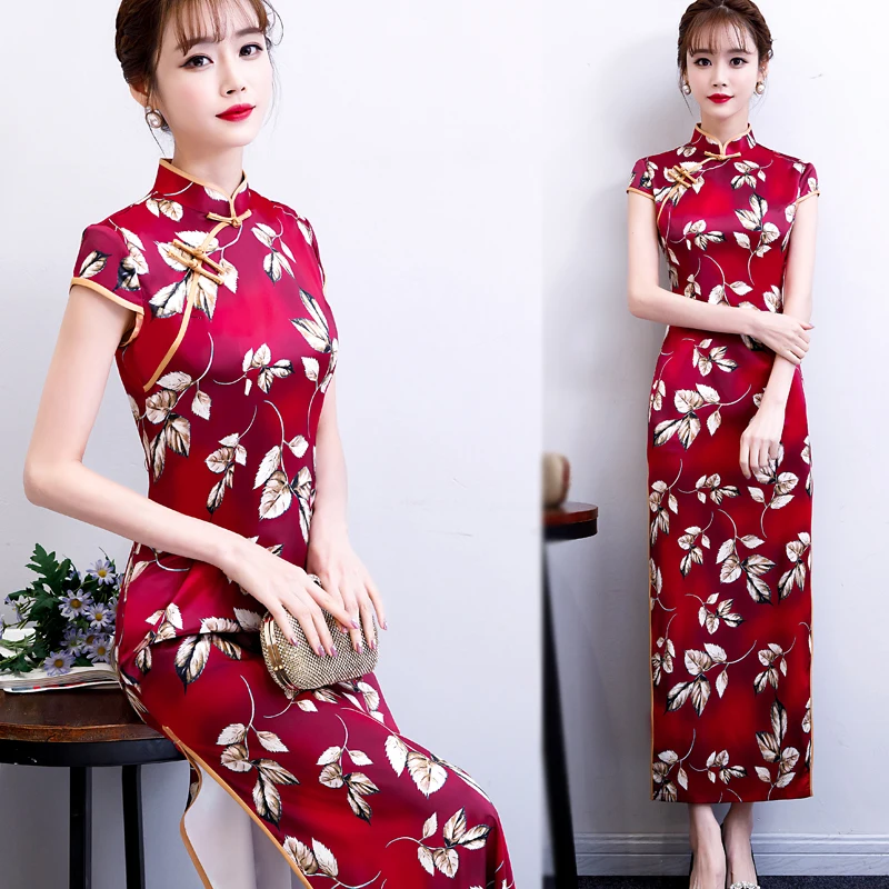 Традиционное китайское платье mujer vestido, женское атласное длинное платье cheongsam qipao с цветком сливы qipao - Цвет: color7