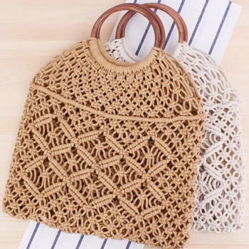 

Mori Straw Weave Bag Women Beach Bag Solid Wooden handle Net Pocket Ladies Handbags Casual Tote Cotton rope Handbags Clutch Bags