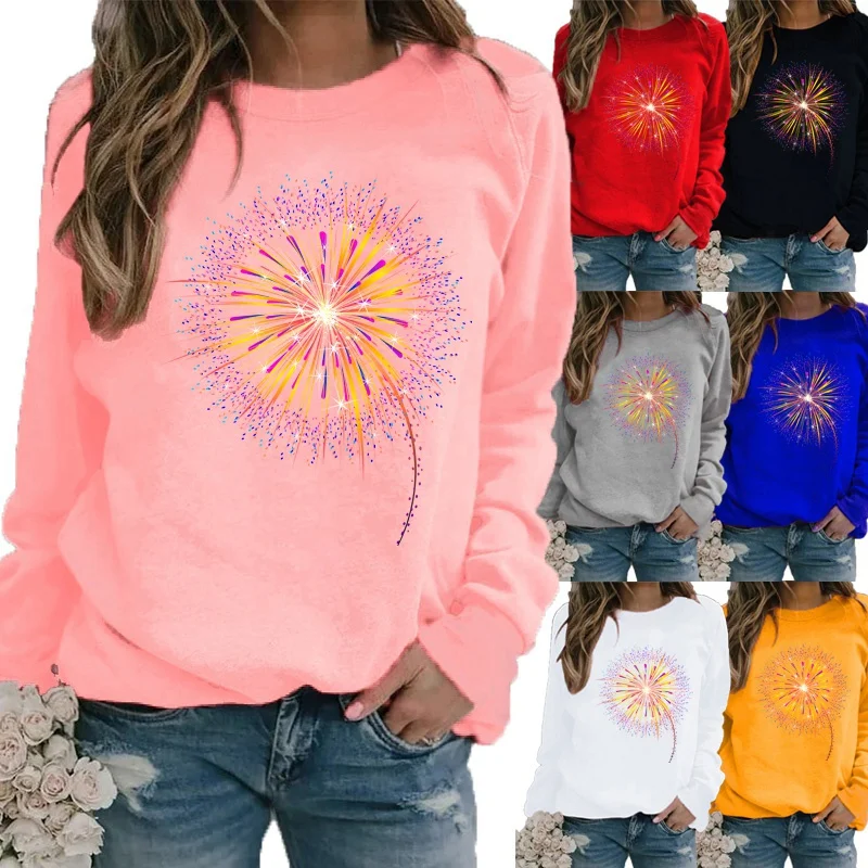 

Winter Casual Women Fashion Fireworks Printed Round Neck Long Sleeved Sweatshirt Loose Ladies Graphic T-shirt Blouse Plus Size