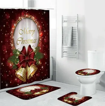 

4pcs Christmas Bathroom Shower Curtain Toilet Seat Cover Bath Mat Non-Slip Rug