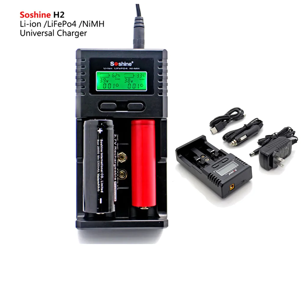 Soshine 12V1A AC lcd универсальное зарядное устройство для Li-ion/LiFePO4 26650 18650 9V NiMH C AA AAA 9V Выход 1000mAx2 li-ion 3,7 V батарея
