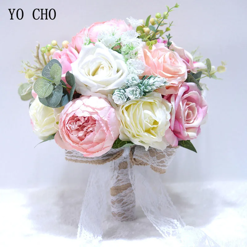 YO CHO Silk Roses Peony Wedding Bridal Bouquet Artificial Flower Wedding Bouquet for Bridesmaids Hand Flore Marriage Accessories
