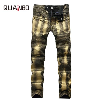 

Fashion Streetwear Men's Jeans Golden Silver Paint Deisgner Motorcycle Biker Jeans Trend Punk Denim Pants Spliced Hip Hop Jeans