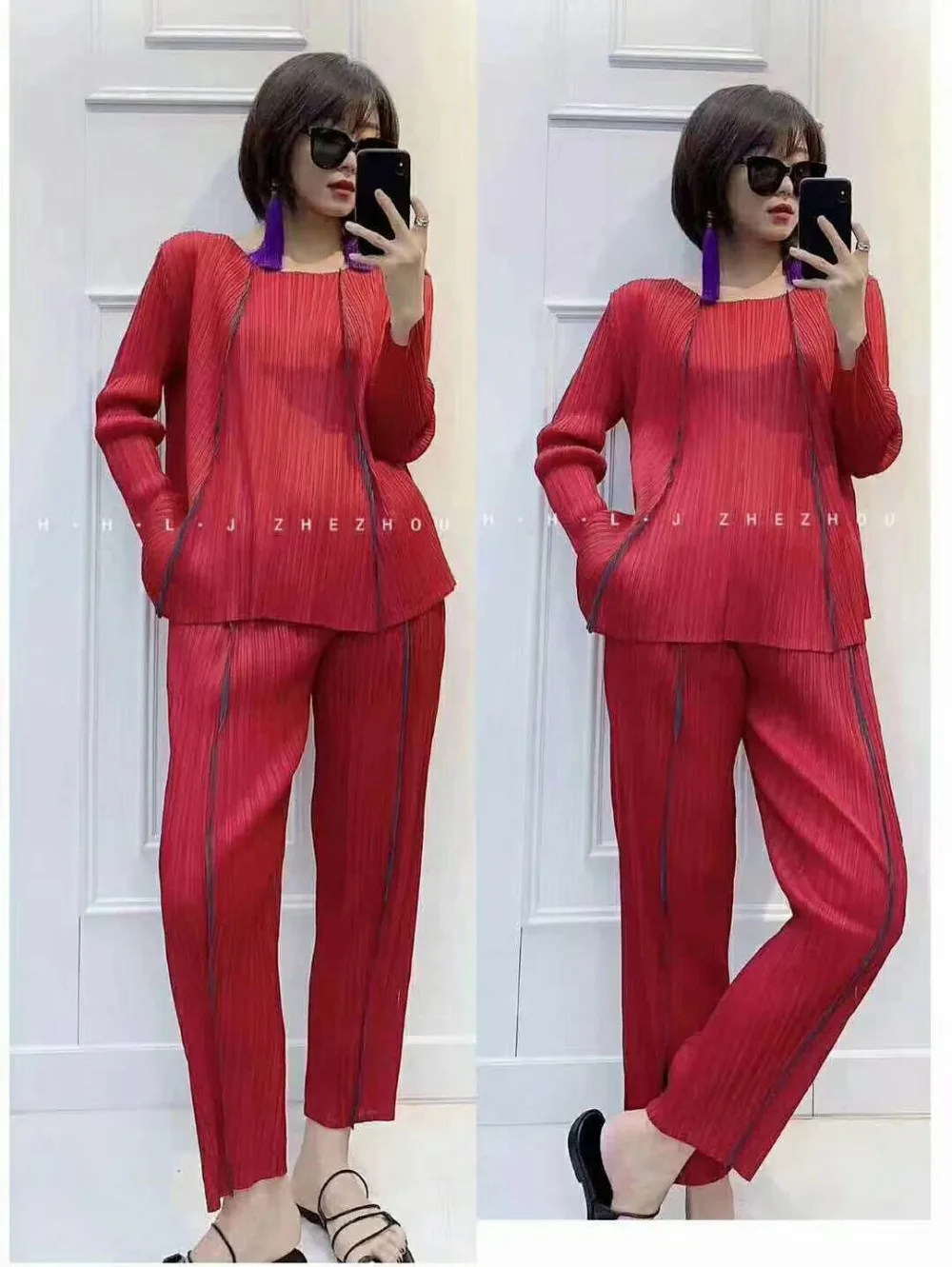 Miyake fashion suit fold o-neck long sleeve T-shirt+ nine points Harem pants two-piece outfit IN STOCK