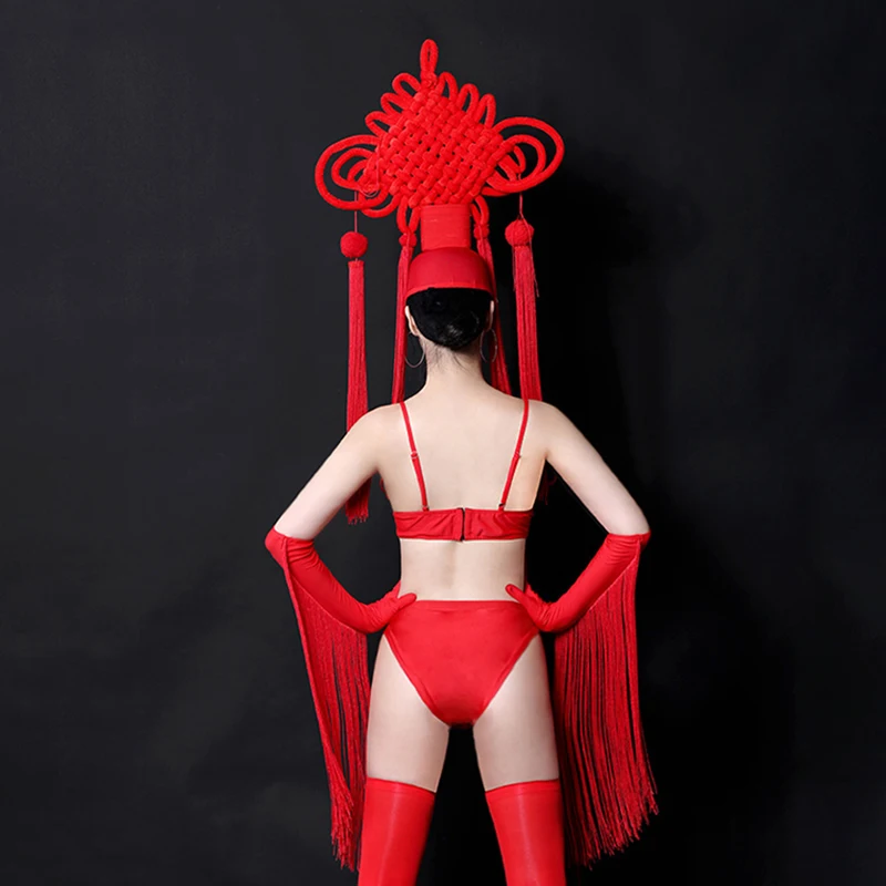 Весенний праздничный наряд Gogo Dance Ретро ведущее бикини для танцев красный костюм бар DS представление одежда ночной клуб сексуальная сценическая одежда