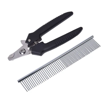 

2 Pcs Pet Accessories: 1 Pcs Black Dog Nail Clipper & 1 Pcs Beauty Tool Metal Grooming Rake Comb Silver Tone
