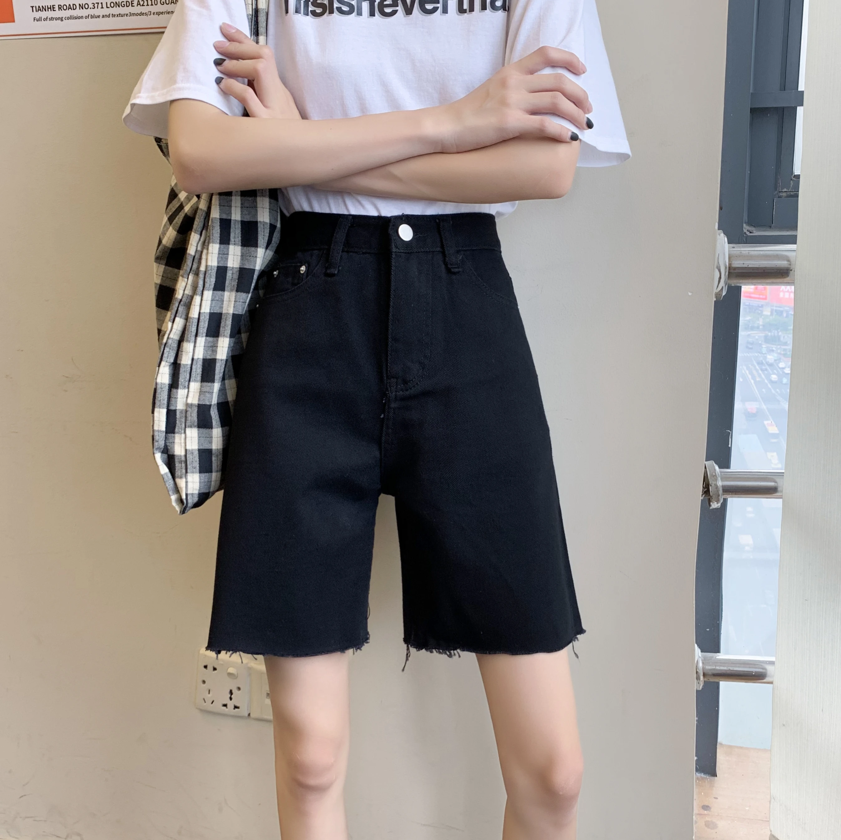 High Waist Denim Shorts Women Half Long Summer Plus Size Pocket Streetwear Ripped jeans Short Female Femme Short Pants Women