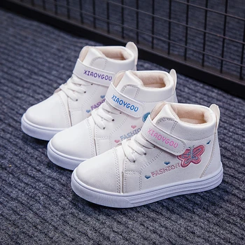 

Flat Sneakers Kid's Girl Running Shoes Children Sport Shoes High-top Butterfly Embroidery Warm Pure Color Thicken SSJ047