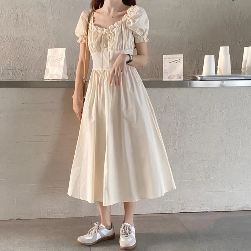 OCEANLOVE Ruffles Elegant Robe 2020 Korean Chic Solid Women Dress A-line Pleated Long Summer Dresses Puff Sleeve Vestidos 16771