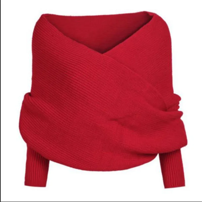 Модный женский свитер с открытыми плечами, укороченный вязаный свитер, женская зимняя шаль, высококачественный шерстяной шарф с рукавом, шарфы - Цвет: Красный