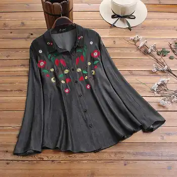 

2020 Vintage Casual Long Sleeve Button Down Tunic Tops Embroidery Shirts Women Turn Down Collar Blouses Loose Blusas Femininas 7