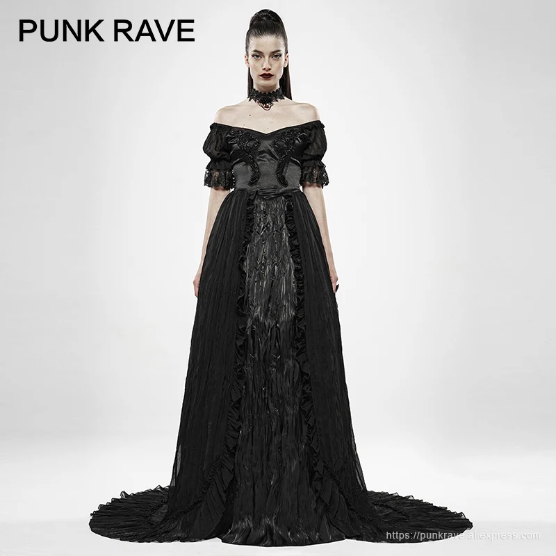 

PUNK RAVE Women's Gothic Retro Off Shoulder Party Long Dress Adjustable Tightness Waist Victoria Evening Women Sexy Dress